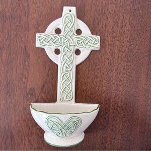 Celtic Cross Holy Water Font White And Green